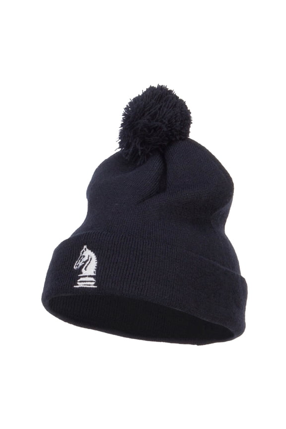 Chess Piece Knight Embroidered Pom Beanie - Navy OSFM