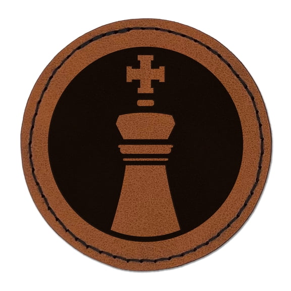 Chess Piece White King 2.5" Faux Leather Round Engraved Iron-On Patch - Brown