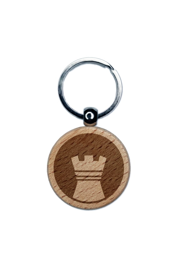 Chess Piece White Rook Round Keychain Charm Tag - Engraved Wood