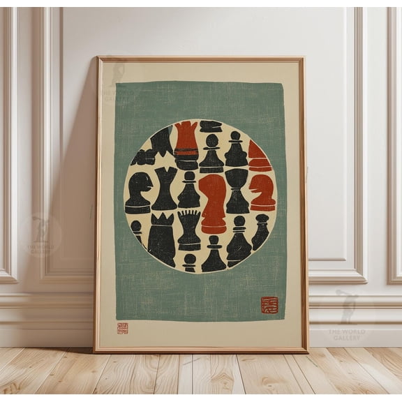 Chess Pieces Circle Sage Green Linocut Paper Poster Strategy Decor, Unframed Poster