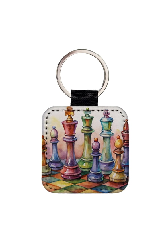 Chess Pieces Colorful Watercolor Faux Leather Square Keychain