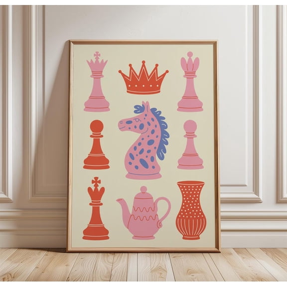 Chess Pieces Whimsical Game Colorful Scandinavian Modern Folk Art Playful Chess Illustration Board, Unframed Poster