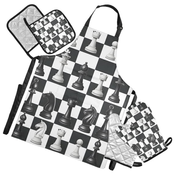 Chess Pieces and Board 5 Pcs Kitchen Set Heat Resistant Oven Mitts and Non-Slip Pot Holders with Adjustable Cooking Apron
