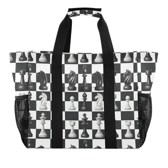 Chess Pieces and Board Reusable Grocery Bags with Handle Side Pocket Waterproof Shopping Portable Tote