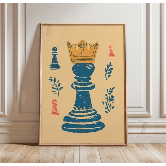 Chess Queen Folk Art Linocut Retro Game Room Decor Cardboard Board, Unframed Poster