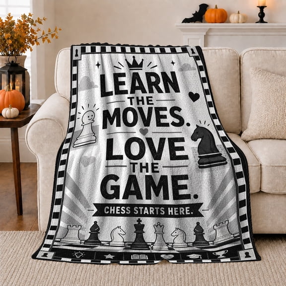 Chess Quote Design Monochromatic, Cozy Typography Art Scene, Warm Flannel Blanket for Living Room and Reading Nook, Art Lovers Valentine's Day Gift, Artistic Home Decor