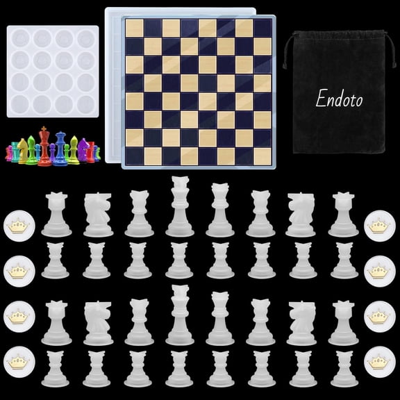 Chess Set with Checkers Board Silicone Resin Mold, 18 pieces Full Size 3D Chess Crystal Epoxy Casting Molds for DIY Art Crafts Making, Family Party Board Games and Home Decoration