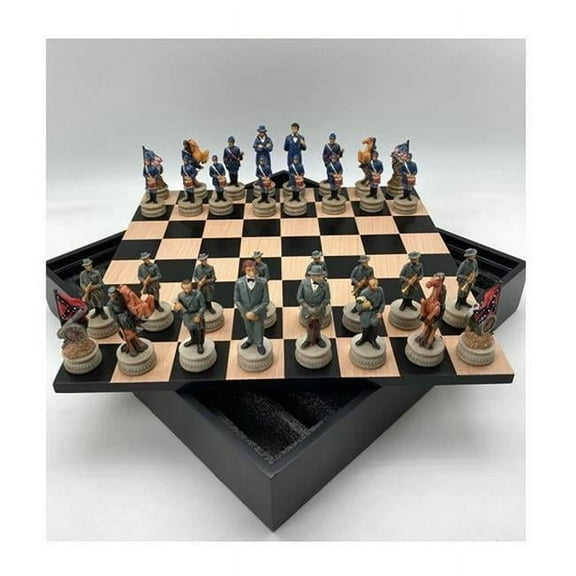 Chess Set - Civil War Resin Chessmen Generals on Black/Maple Chest
