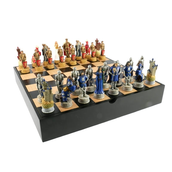 Chess Set - King Arthur Resin Chessmen in Black/Maple Chest