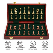 Chess Set, Large Metal Deluxe Chess Retro Copper Plated Alloy Chess Adult Set Board Game Portable Wooden Box Storage Folding Chess Set