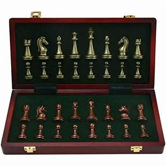 Chess Set, Large Metal Deluxe Chess Retro Copper Plated Alloy Chess Adult Set Board Game Portable Wooden Box Storage Folding Chess Set
