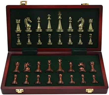 Chess Set, Large Metal Deluxe Chess Retro Copper Plated Alloy Chess Adult Set Board Game Portable Wooden Box Storage Folding Chess Set