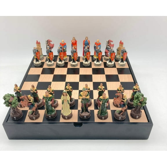 Chess Set -Robin Hood Resin Chessmen on Black/Maple Chest