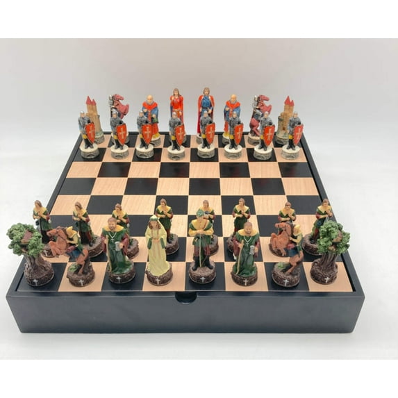 Chess Set -Robin Hood Resin Chessmen on Black/Maple Chest