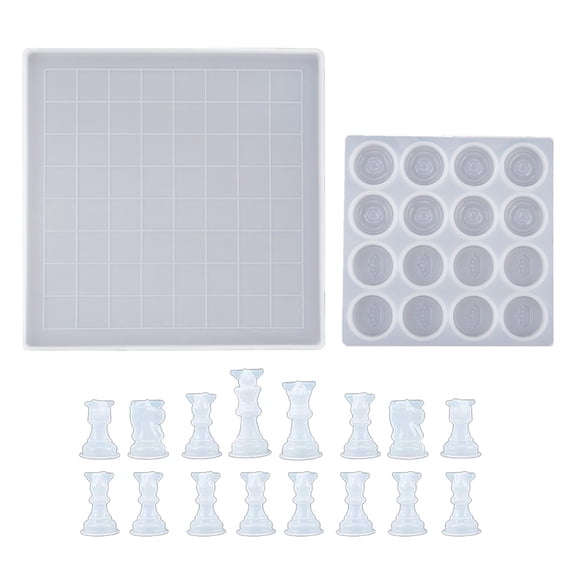 Chess Set with Checkers Board Silicone Resin Mold Full Size 3D Chess Crystal Epoxy Casting Mold for Art Craft Making