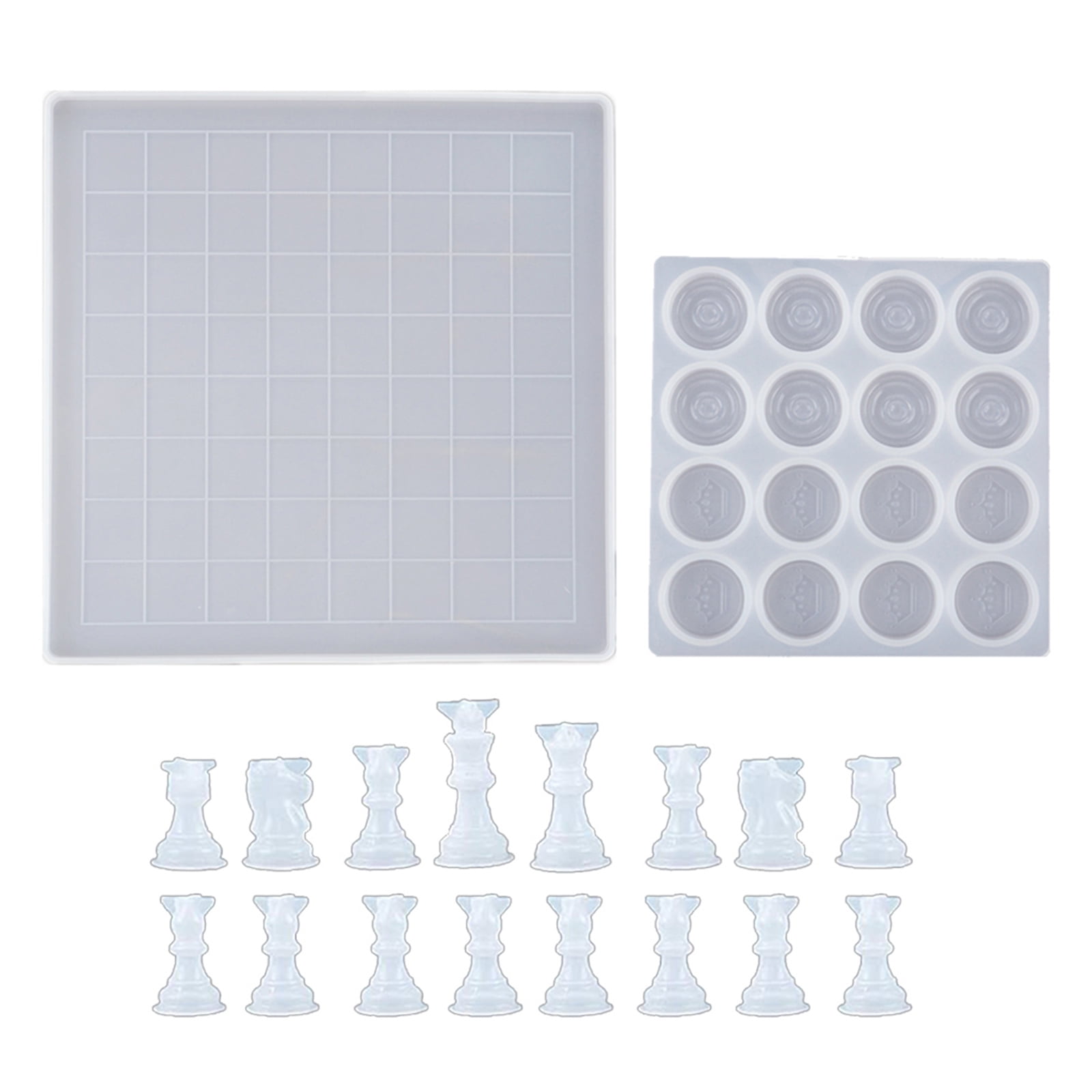 Chess Set with Checkers Board Silicone Resin Mold Full Size 3D Chess Crystal Epoxy Casting Mold for DIY Art Craft Making