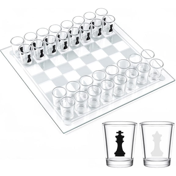 Chess Shot Glass Set Drinking for Adults 10" Glass Chess Board with 32 Shot Glasses for Bar Party Easy to Clean Fun Bar Drinking Gifts for Christmas