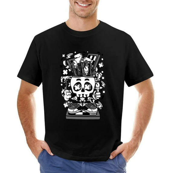 Chess Skull Head Men’s Graphic T-shirt Vintage Short Sleeve Sport Tee Black XL