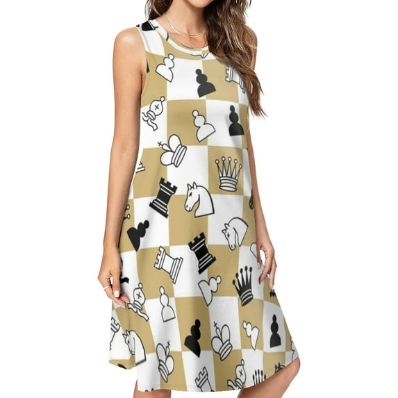 Chess Spring Summer Dresses for Women Fashion T-shirt Dress Casual Sleeveless Loose Sundress with Pockets