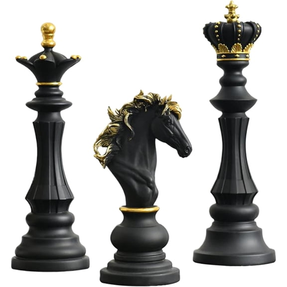 Chess Statue Decor Piece Set: 3PCS Decorative Resin Chess Sculpture, King Queen Knight Statue Chess Piece Decor, Retro Collectible Figurine Ornaments for Home Office Desk Wine Cabinet Gift (Black)