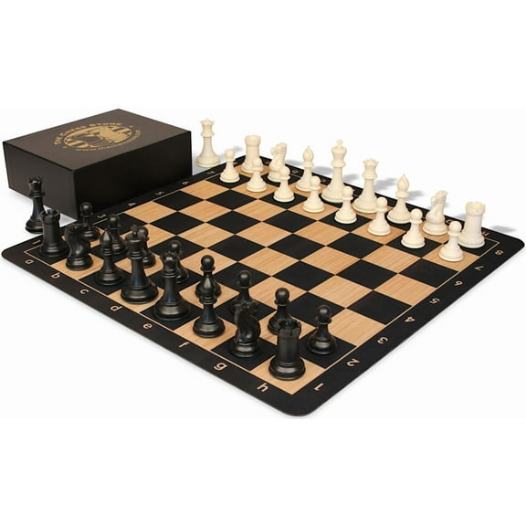 The Chess Store Conqueror Triple Weighted Plastic Chess Set Black & Ivory Pieces with Extra Queens, Macassar Ebony & Maple Floppy Chess Board & Box - 3.75" King