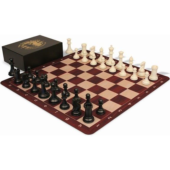The Chess Store Conqueror Triple Weighted Plastic Chess Set Black & Ivory Pieces with Extra Queens, Rosewood & Maple Floppy Chess Board & Box - 3.75" King