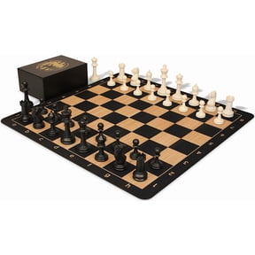 The Chess Store Master Series Triple Weighted Plastic Chess Set Black & Ivory Pieces with Extra Queens, Macassar Ebony & Maple Floppy Chess Board & Box - 3.75" King