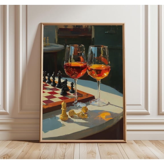 Chess and Wine Poster Painterly Art Warm Still Life Wall Art Decor, Unframed Poster