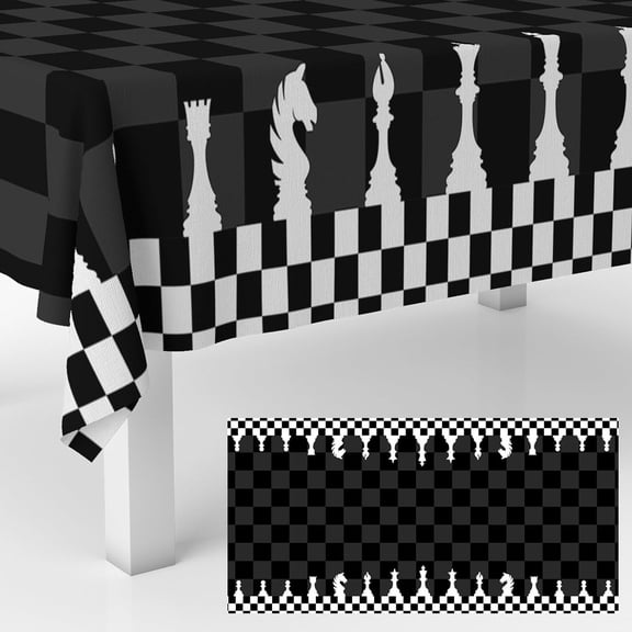 Chessboard Game Party Birthday Tablecloth Black and White Checkered Racing Flag Numbers Squares Pieces Print Table Cover Supplies for Birthday Party Dining Room Booth Props Decor, 53" x 98"