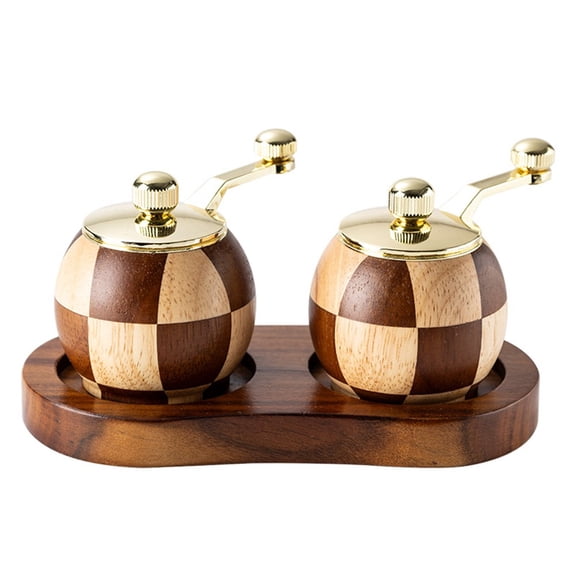Chessboard Hand Cranked Pepper Grinder Kitchen Solid Wood Seasoning Jar Two Sets+Base