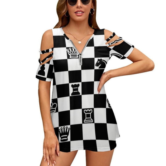 Chessboard Womens Summer V Neck Zipper Top Short Sleeve T Shirt Off Shoulder Top Casual Classy Loose Shirts
