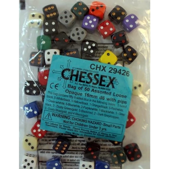 Chessex 29426 Assorted Loose Opaque 16mm D6 Dice, Bag of 50, Multicolor