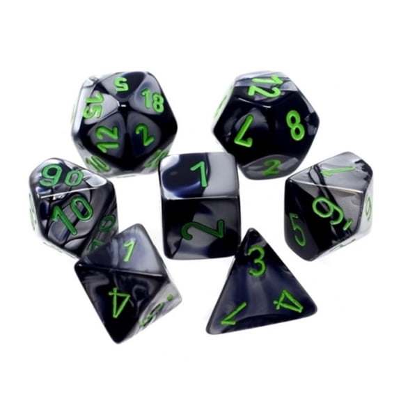 Black and Grey Gemini Mini Dice with Green Colored Numbers 10mm (3/8in) Set of 7 Chessex