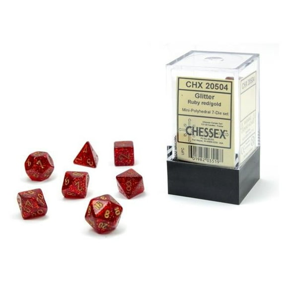 Chessex  Cube Mini Glitter Dice, Ruby & Gold Numbers - Set of 7