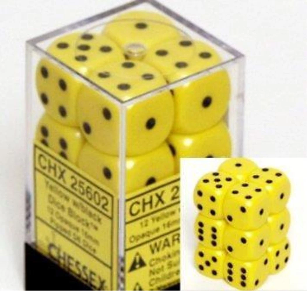 Chessex Dice D6 Sets Opaque Yellow W/ Black 16Mm Six Sided Die 12 Chx 25602