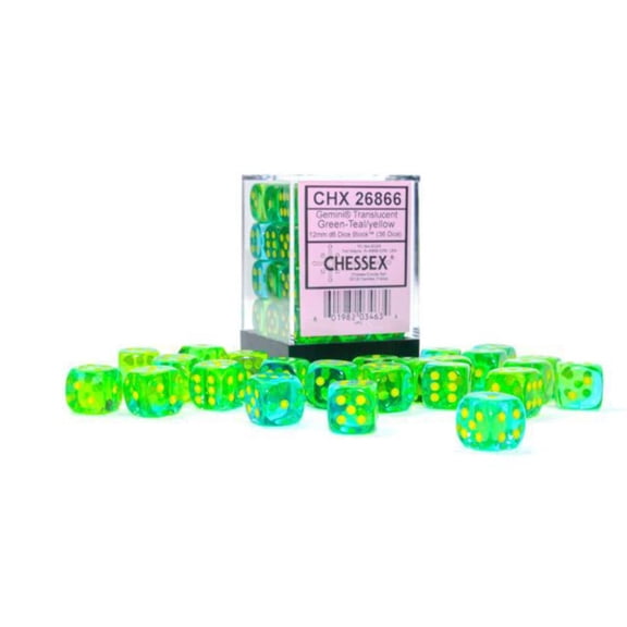 Chessex Dice Set – 12mm Gemini: Translucent Green-Teal/Yellow Dice Block – Dungeons and Dragons D&D DND TTRPG Dice – Includes 36 Dice – D6 (CHX26866)