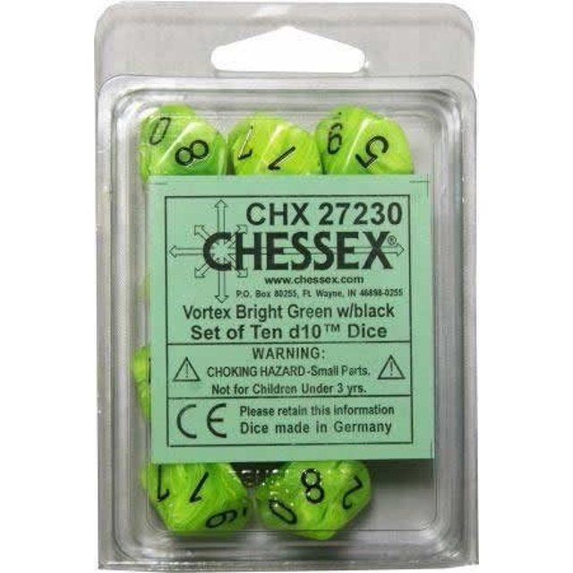 Chessex Dice Sets Vortex Bright Green with Black Ten Sided Die d10