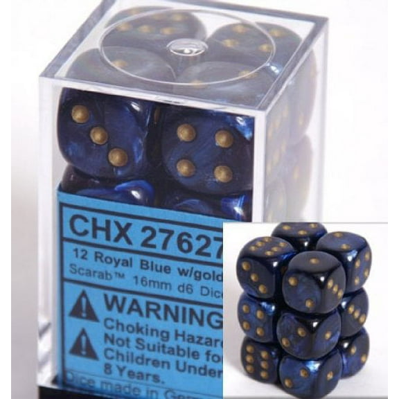 Chessex Dice d6 Sets: Scarab Blue with Gold - 16mm Six Sided Die (12) Block of Dice