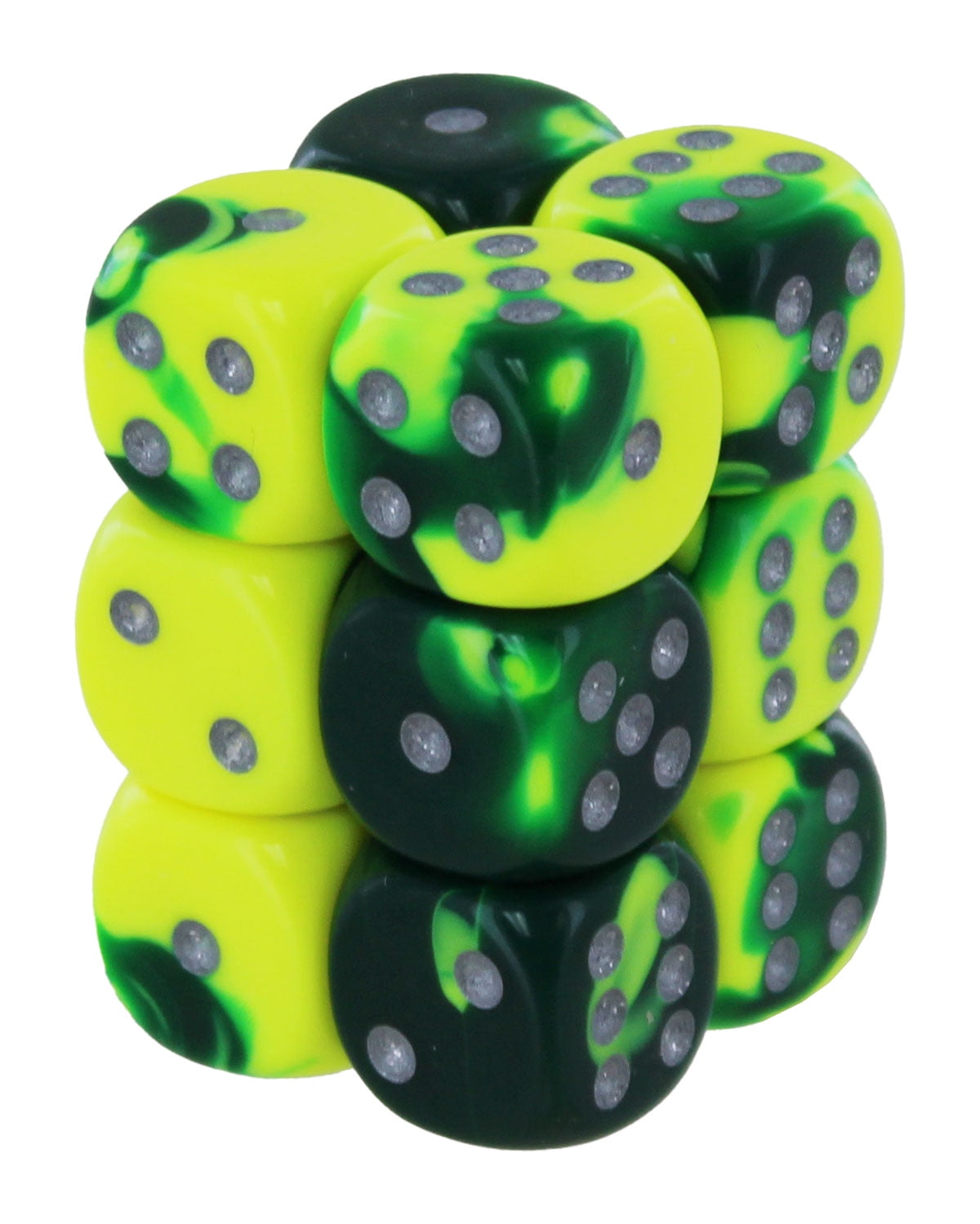Chessex Gemini Green-Yellow/Silver 16mm D6 Dice Block Set of 12
