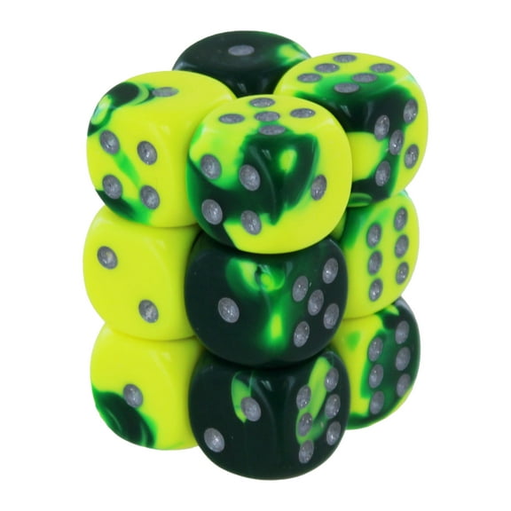 Chessex Gemini Green-Yellow/Silver 16mm D6 Dice Block Set of 12