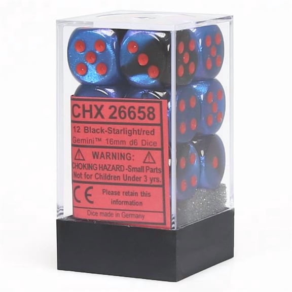 Chessex Manufacturing 16 mm Black Starlight Cube Gemini D6 Dice, Red Pips - Pack of 12