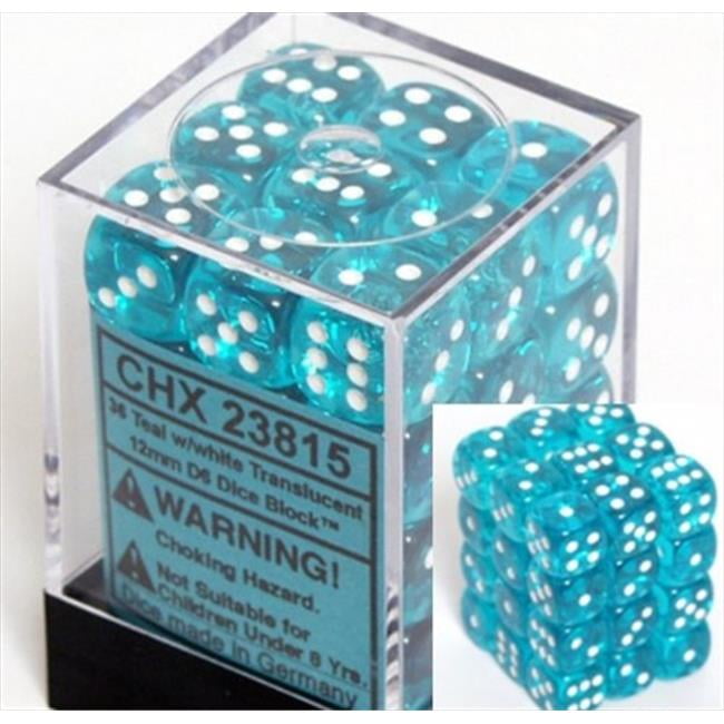 Chessex Manufacturing 23815 12 mm Set Of Teal With White Translucent D6 Dice Set Of 36