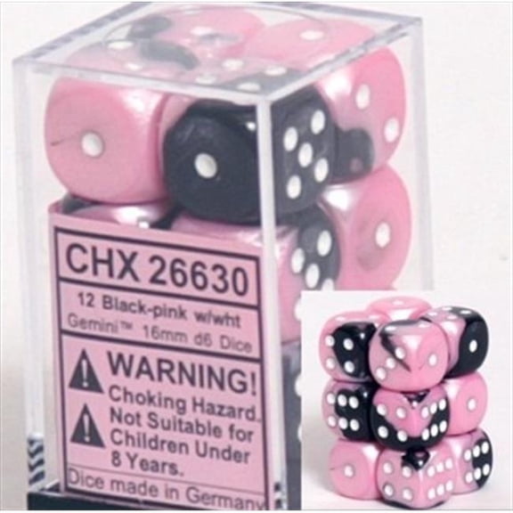 Chessex Manufacturing 26630 D6 Cube Gemini Set Of 12 Dice, 16 mm - Black & Pink With White Numbering