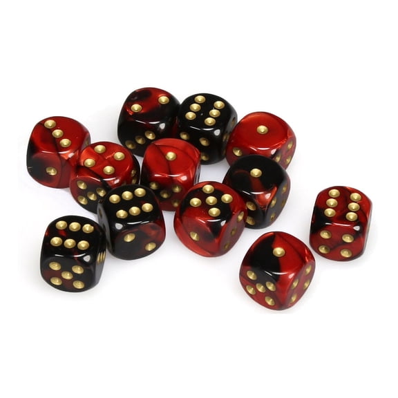 Chessex Manufacturing 26633 D6 Cube Gemini Set Of 12 Dice44; 16 mm - Black & Red With Gold Numbering