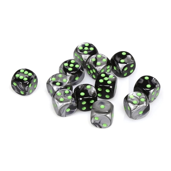 Chessex Manufacturing 26645 D6 Cube Gemini Set Of 12 Dice 16 mm - Black & Green With Gold Numbering