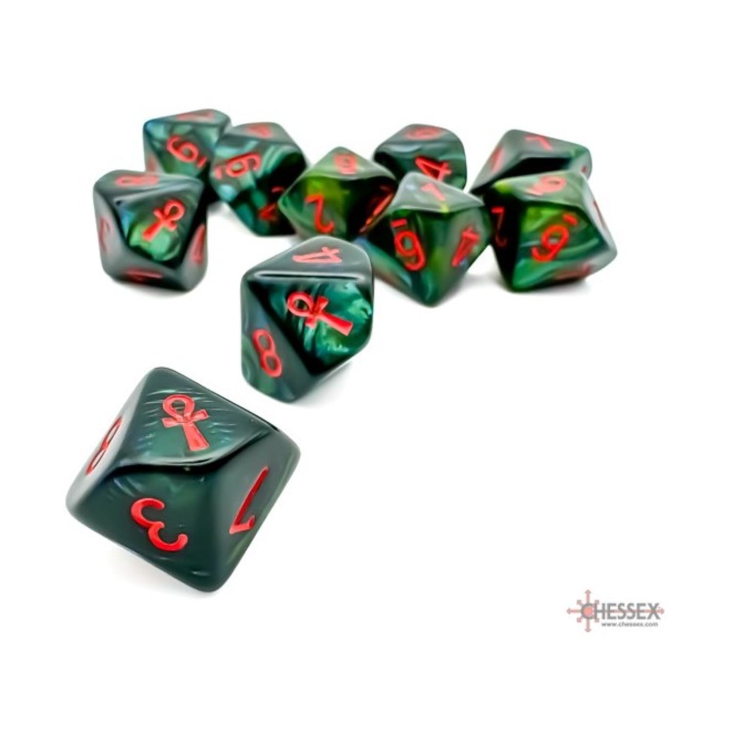 Chessex Manufacturing CHX29025 d10 Ankh SCR Jade & Red Dice - Set of 10