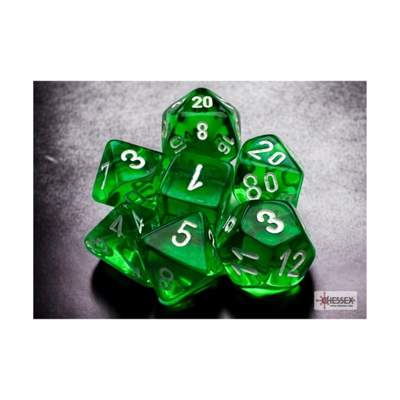 Green Translucent Mini Dice with White Numbers 10mm (3/8in) Set of 7 Chessex