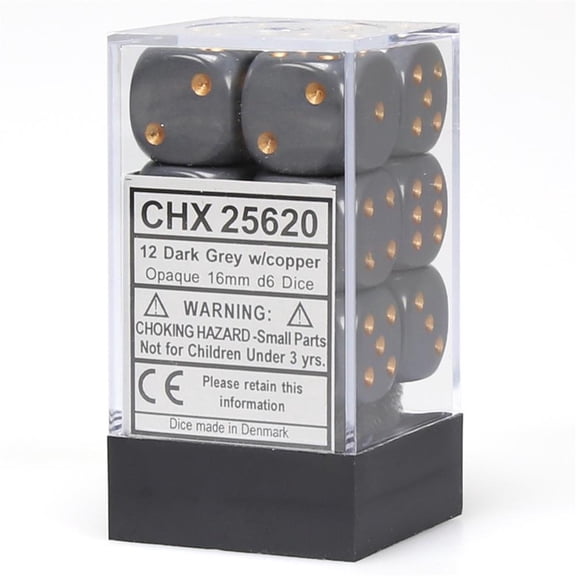 Chessex Manufacturing Opaque Dark Grey With Copper - 16 mm Six Sided Dice Set Of 12