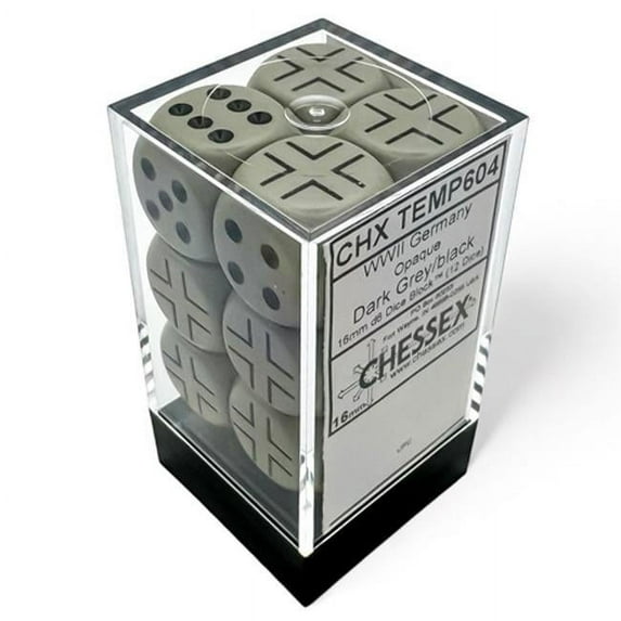 Chessex Manufacturing CHX29061 d6 Cube 16 mm Opaque WW2 German Dark Grey & Black Dice - 12 Count