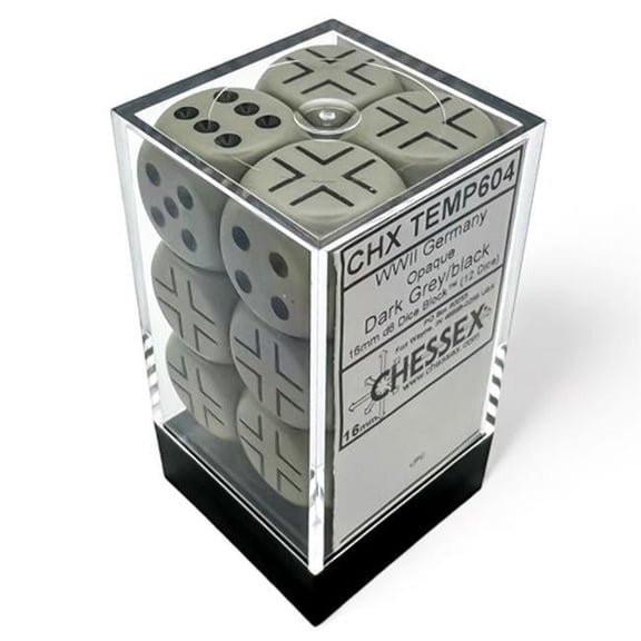 Chessex Manufacturing CHX29061 d6 Cube 16 mm Opaque WW2 German Dark Grey & Black Dice - 12 Count